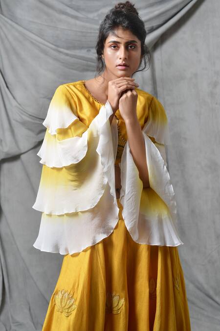 Buy Eclat By Prerika Jalan Yellow Crepe Round Embroidered Crop Top With Palazzo Online at Aza Fashions Buy_Eclat By Prerika Jalan_Yellow Crepe Round Embroidered Crop Top With Palazzo _Online_at_Aza_Fashions