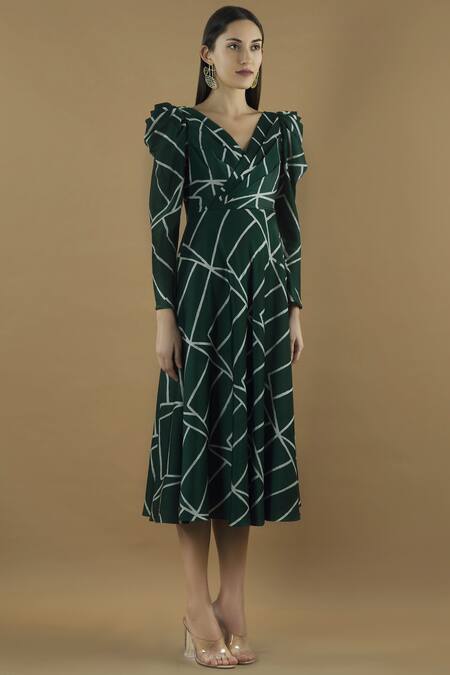Vedika M Green V Neck Geometric Print Midi Dress Online at Aza Fashions Vedika M_Green V Neck Geometric Print Midi Dress _Online_at_Aza_Fashions