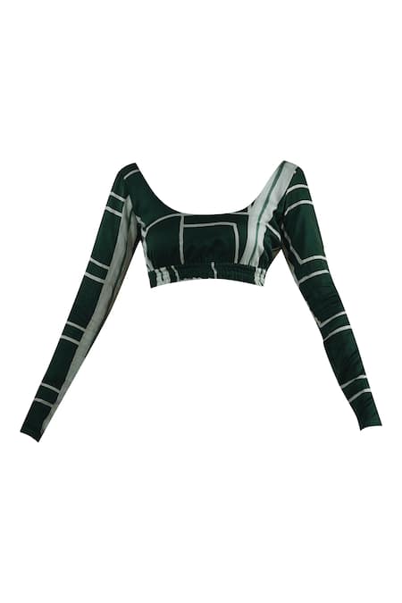 Shop_Vedika M_Green U Neck Pre-draped Printed Saree With Blouse _Online_at_Aza_Fashions