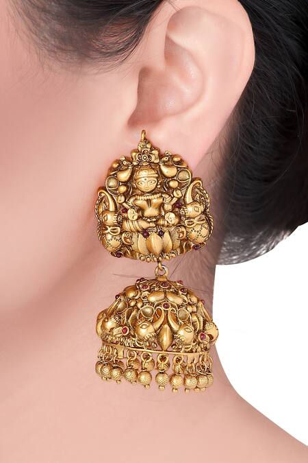 Shop_Joules By Radhika_Gold Plated Stones Antique Jhumkas_at_Aza_Fashions