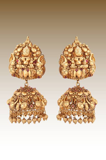 Joules By Radhika_Gold Plated Stones Antique Jhumkas_Online_at_Aza_Fashions