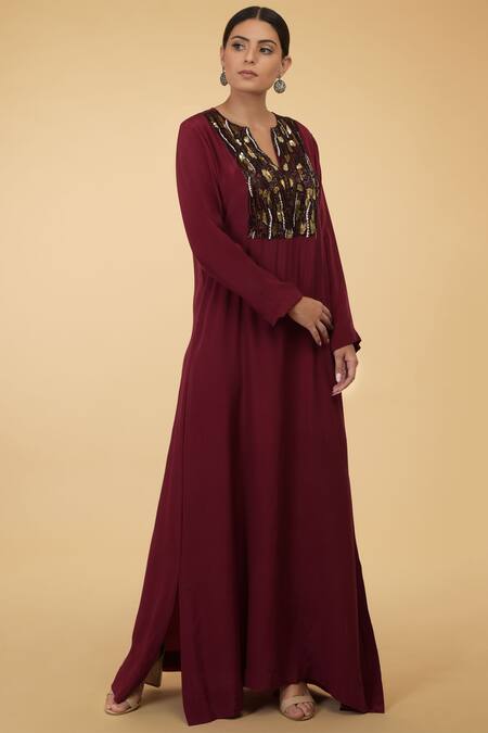 Talking Threads_Maroon Crepe Round Embroidered Kaftan_Online_at_Aza_Fashions