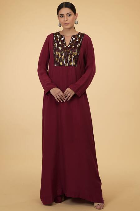 Buy_Talking Threads_Maroon Crepe Round Embroidered Kaftan_Online_at_Aza_Fashions