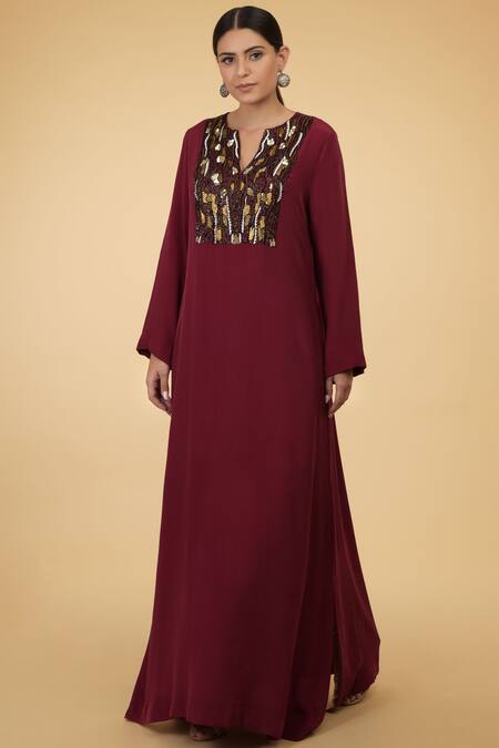 Shop_Talking Threads_Maroon Crepe Round Embroidered Kaftan_Online_at_Aza_Fashions