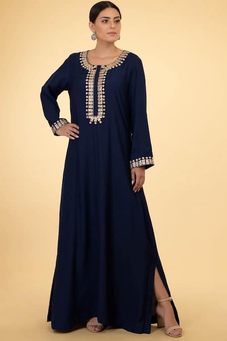 Talking Threads Blue Cotton Silk Round Embroidered Kaftan  