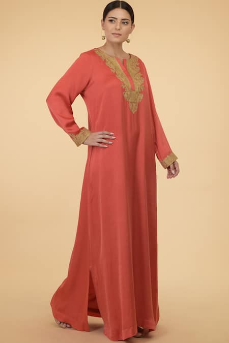 Talking Threads_Coral Modal Satin Round Embroidered Kaftan _Online_at_Aza_Fashions