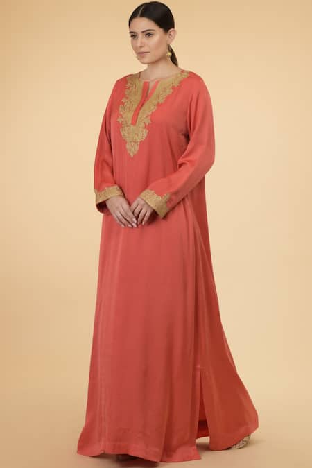 Buy_Talking Threads_Coral Modal Satin Round Embroidered Kaftan _Online_at_Aza_Fashions