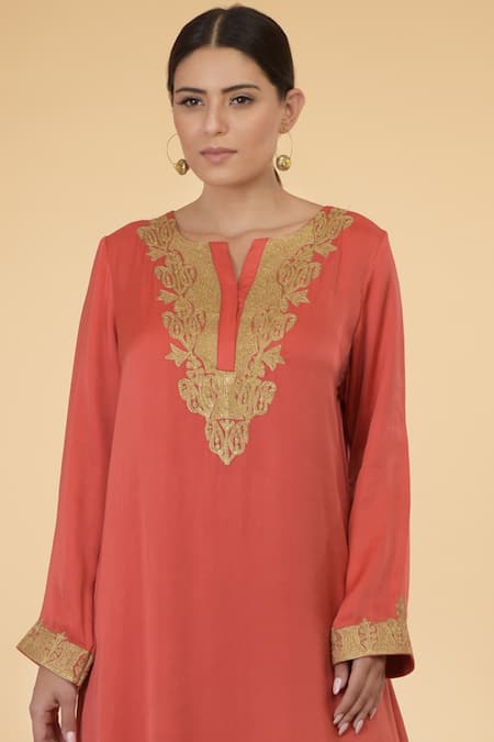 Shop_Talking Threads_Coral Modal Satin Round Embroidered Kaftan _Online_at_Aza_Fashions