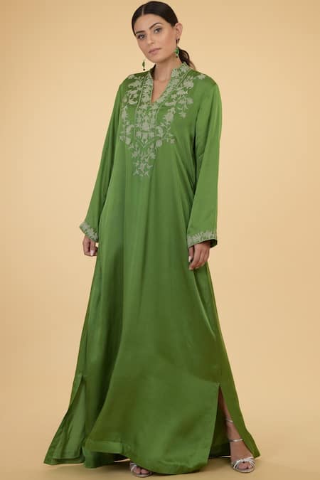 Talking Threads Green Modal Satin Round Embroidered Kaftan  