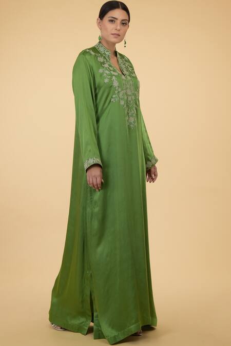 Talking Threads_Green Modal Satin Round Embroidered Kaftan_Online_at_Aza_Fashions