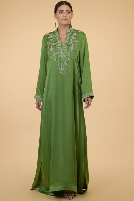Shop_Talking Threads_Green Modal Satin Round Embroidered Kaftan_Online_at_Aza_Fashions