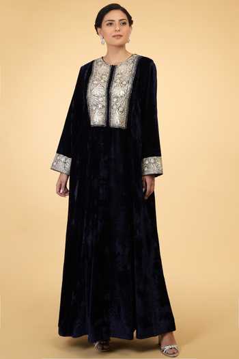 Talking Threads_Blue Silk Velvet Round Flared Kaftan_Online_at_Aza_Fashions