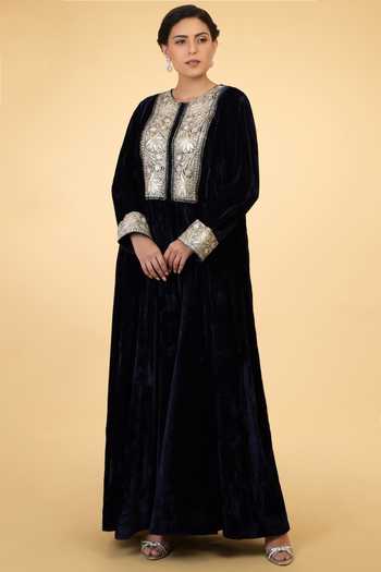 Buy_Talking Threads_Blue Silk Velvet Round Flared Kaftan_Online_at_Aza_Fashions