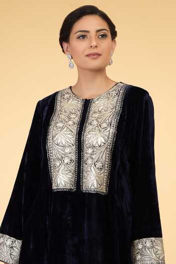 Shop_Talking Threads_Blue Silk Velvet Round Flared Kaftan_Online_at_Aza_Fashions