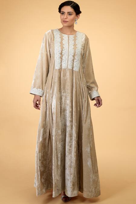 Buy_Talking Threads_Beige Silk Velvet Round Flared Kaftan_Online_at_Aza_Fashions