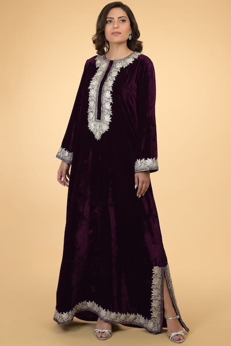 Talking Threads Purple Silk Velvet Round Kaftan  