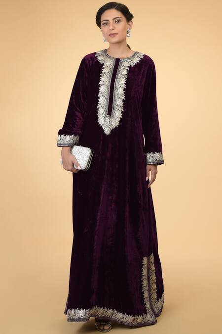 Talking Threads_Purple Silk Velvet Round Kaftan _Online_at_Aza_Fashions