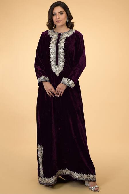 Buy_Talking Threads_Purple Silk Velvet Round Kaftan _Online_at_Aza_Fashions