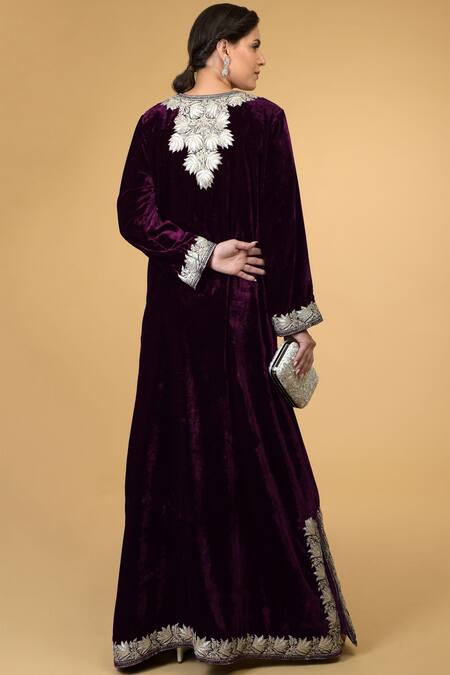 Shop_Talking Threads_Purple Silk Velvet Round Kaftan _Online_at_Aza_Fashions