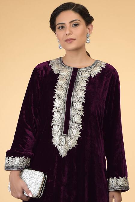 Talking Threads_Purple Silk Velvet Round Kaftan _at_Aza_Fashions