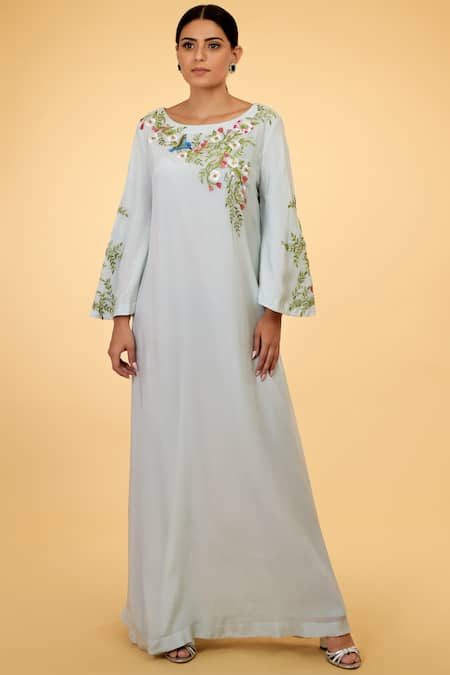 Talking Threads Blue Crepe Round Embroidered Kaftan  