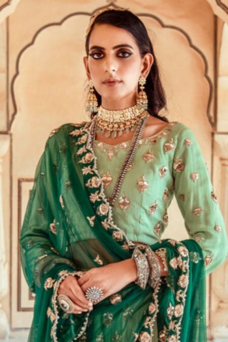 Pallavi Jaipur_Green Raw Silk Embroidered Lehenga Set_Online_at_Aza_Fashions