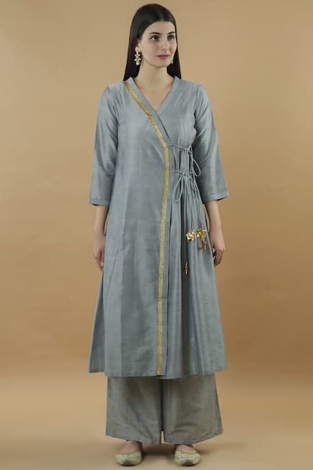 Khwaab By Sanjana Lakhani_Grey Silk Tassels Round Neck Kurta Palazzo Set _Online_at_Aza_Fashions