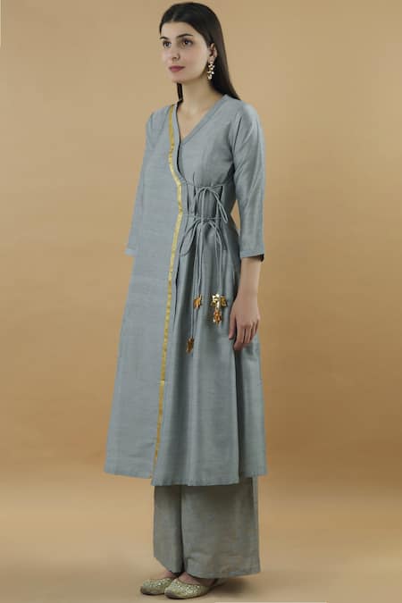 Buy_Khwaab By Sanjana Lakhani_Grey Silk Tassels Round Neck Kurta Palazzo Set _Online_at_Aza_Fashions