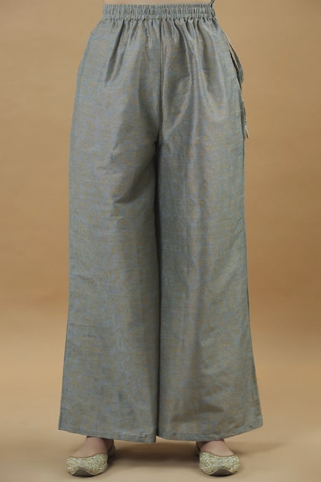 Shop_Khwaab By Sanjana Lakhani_Grey Silk Tassels Round Neck Kurta Palazzo Set _Online_at_Aza_Fashions