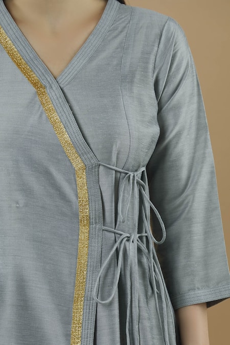 Khwaab By Sanjana Lakhani_Grey Silk Tassels Round Neck Kurta Palazzo Set _at_Aza_Fashions