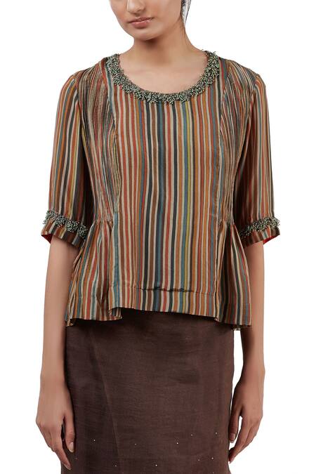 Shades Of India_Multi Color Silk Cotton Striped Top_Online_at_Aza_Fashions