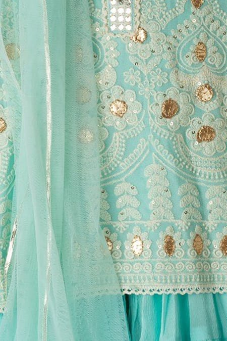 Shruti Jalan_Blue , Chinon Chikankari Kurta Sharara Set_Online_at_Aza_Fashions
