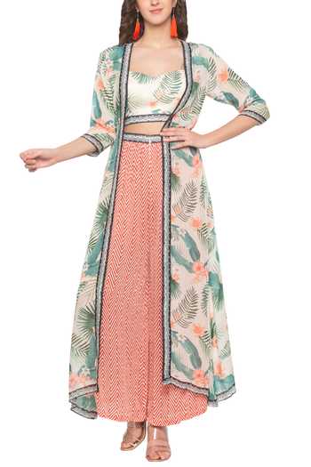 Soup By Sougat Paul_Off White Chiffon, Sequence Sweetheart Neck Printed Jacket Pant Set _Online_at_Aza_Fashions