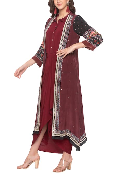 Buy_Soup By Sougat Paul_Maroon Crepe Floral Spread Collar Draped Maxi Dress _Online_at_Aza_Fashions