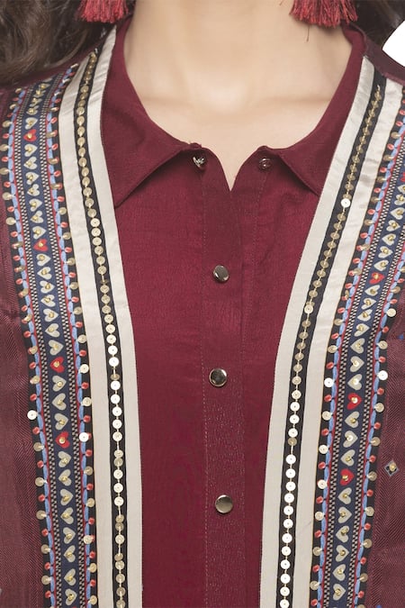 Shop_Soup By Sougat Paul_Maroon Crepe Floral Spread Collar Draped Maxi Dress _Online_at_Aza_Fashions