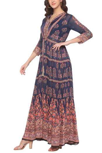 Buy_Soup By Sougat Paul_Blue Chiffon, Satin V Neck Printed Jacket Pant Set _Online_at_Aza_Fashions