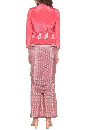 Shop Soup By Sougat Paul Pink Crepe Geometric Motifs Band Collar Draped Skirt Set at Aza Fashions Shop_Soup By Sougat Paul_Pink Crepe Geometric Motifs Band Collar Draped Skirt Set _at_Aza_Fashions