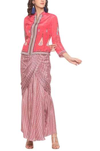 Soup By Sougat Paul Pink Crepe Geometric Motifs Band Collar Draped Skirt Set Online at Aza Fashions Soup By Sougat Paul_Pink Crepe Geometric Motifs Band Collar Draped Skirt Set _Online_at_Aza_Fashions