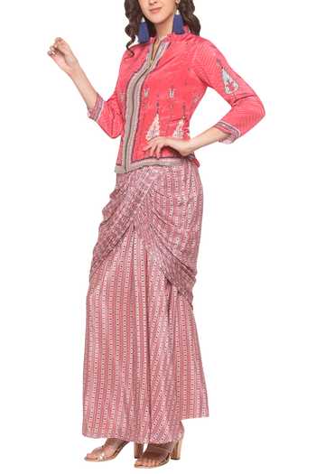 Buy Soup By Sougat Paul Pink Crepe Geometric Motifs Band Collar Draped Skirt Set Online at Aza Fashions Buy_Soup By Sougat Paul_Pink Crepe Geometric Motifs Band Collar Draped Skirt Set _Online_at_Aza_Fashions
