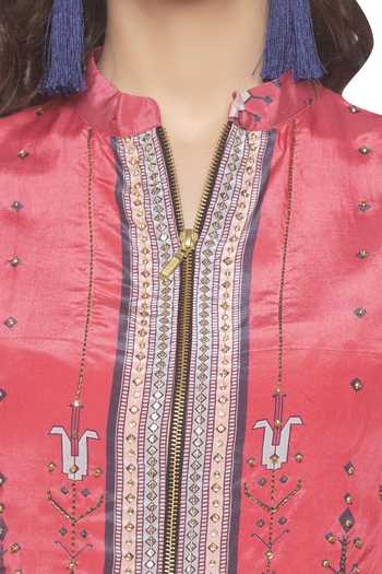 Shop Soup By Sougat Paul Pink Crepe Geometric Motifs Band Collar Draped Skirt Set Online at Aza Fashions Shop_Soup By Sougat Paul_Pink Crepe Geometric Motifs Band Collar Draped Skirt Set _Online_at_Aza_Fashions