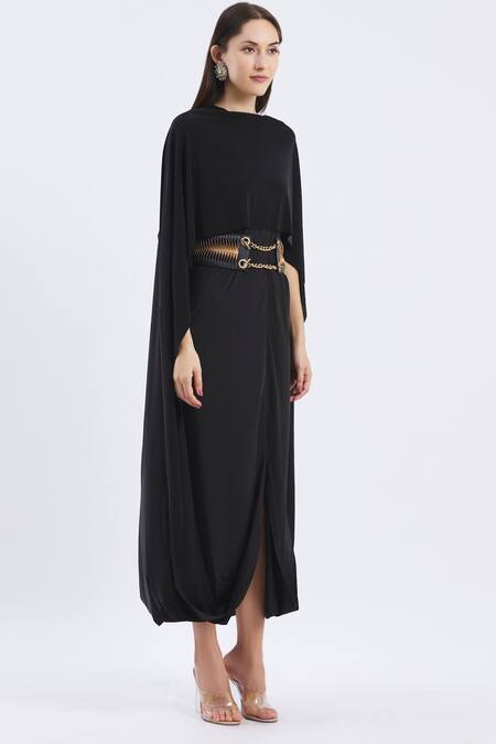 Devina Juneja_Black Genuine Leather, Poly Lycra Round Draped Midi Dress _Online_at_Aza_Fashions