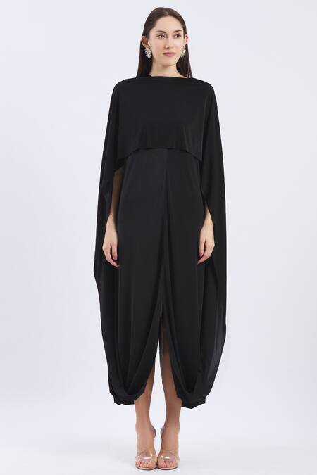 Shop_Devina Juneja_Black Genuine Leather, Poly Lycra Round Draped Midi Dress _Online_at_Aza_Fashions