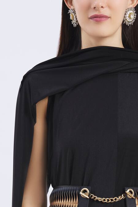 Devina Juneja_Black Genuine Leather, Poly Lycra Round Draped Midi Dress _at_Aza_Fashions