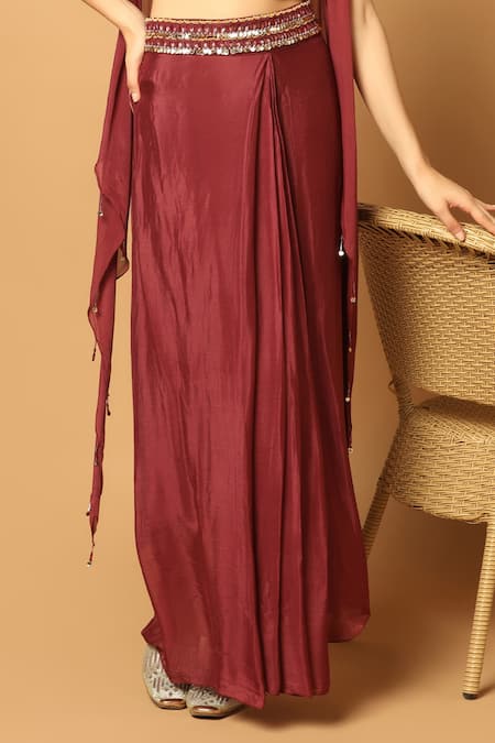 Two Sisters By Gyans Maroon Chiffon Beads, Sequins, Crystals High Low Hem Cape And Draped Skirt Set at Aza Fashions Two Sisters By Gyans_Maroon Chiffon Beads, Sequins, Crystals High Low Hem Cape And Draped Skirt Set _at_Aza_Fashions