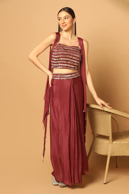 Buy Two Sisters By Gyans Maroon Chiffon Beads, Sequins, Crystals High Low Hem Cape And Draped Skirt Set Buy_Two Sisters By Gyans_Maroon Chiffon Beads, Sequins, Crystals High Low Hem Cape And Draped Skirt Set