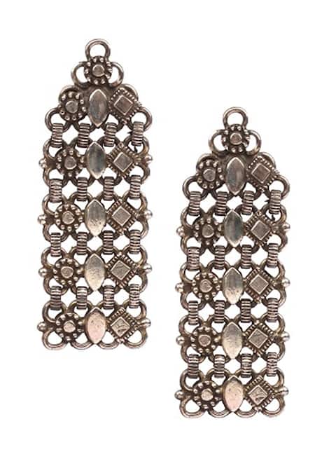 Sangeeta Boochra Oxidized Carved Long Earrings 