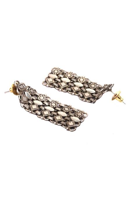 Sangeeta Boochra_Silver Plated Cut Work Oxidized Carved Long Earrings _Online_at_Aza_Fashions