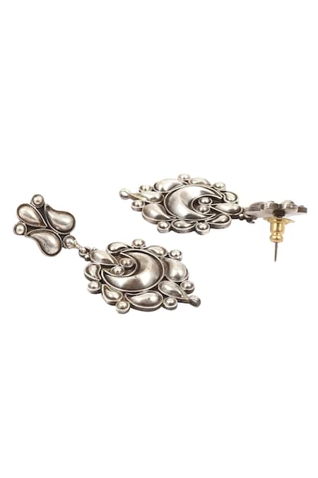 Sangeeta Boochra_Silver Plated Embroidery Carved Danglers _Online_at_Aza_Fashions