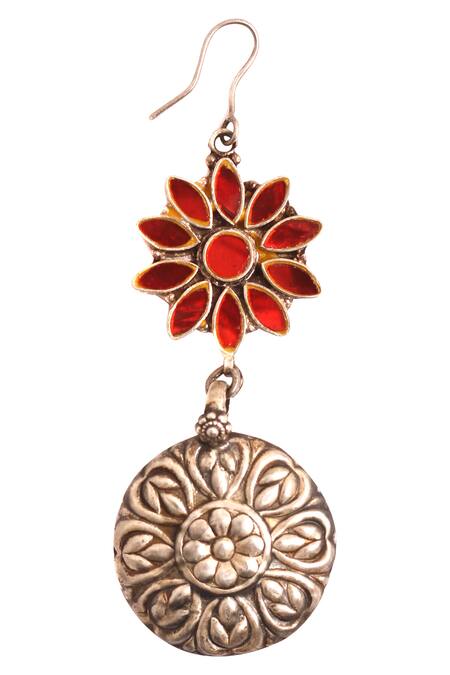 Buy_Sangeeta Boochra_Silver Plated Glass, Metal Carved Dangler Earrings_Online_at_Aza_Fashions