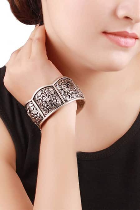Shop_Sangeeta Boochra_Silver Plated Cut Work Carved Oxidised Kada _at_Aza_Fashions
